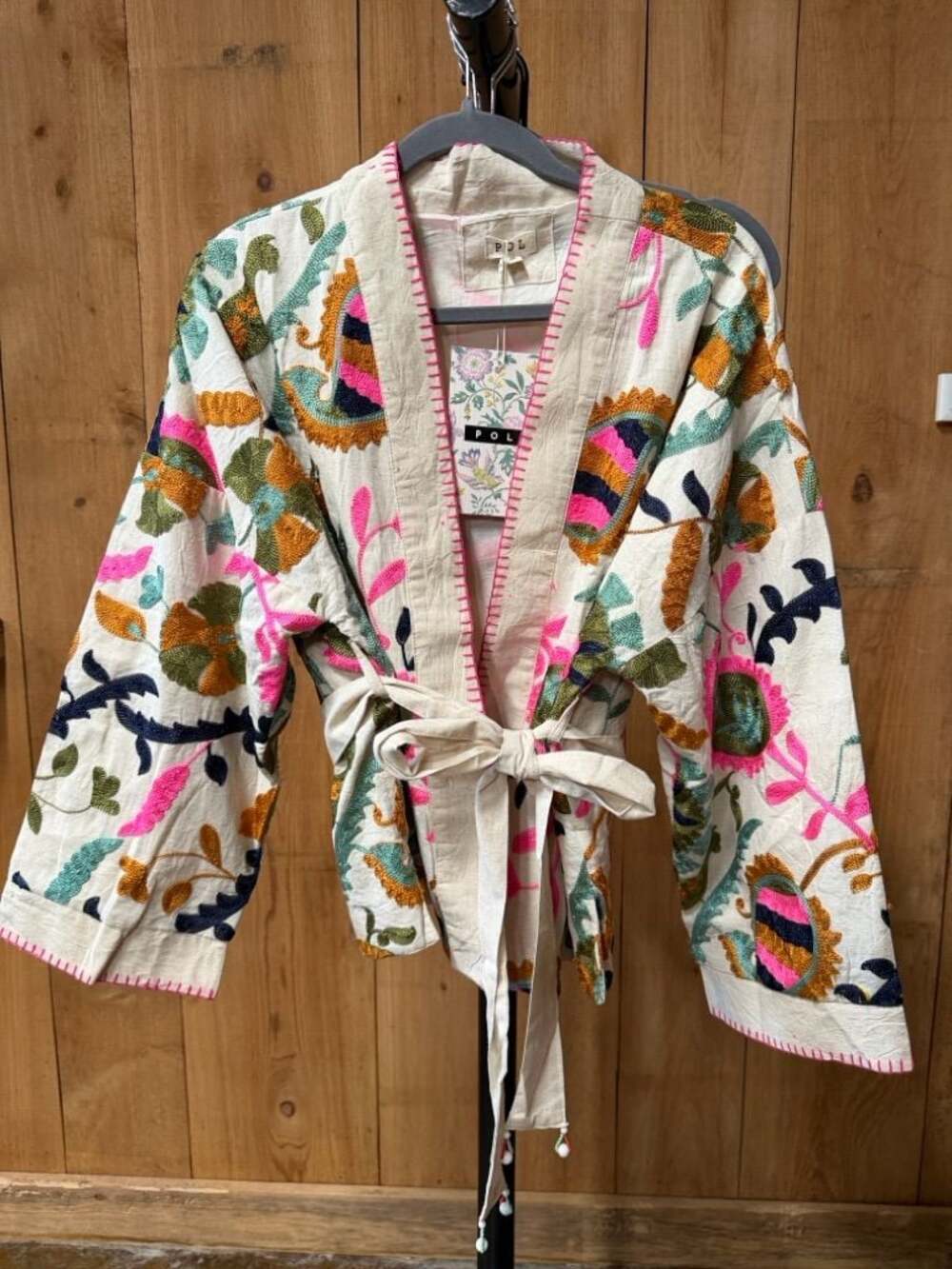 POL Embroidered Floral Kimono Wrap Jacket